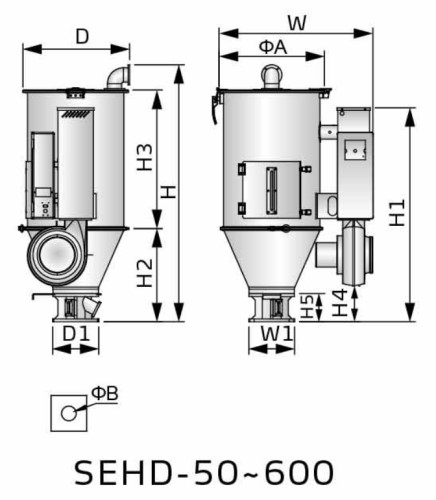 Габаритные размеры бункер-сушилки SEHD-300